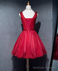 Simple V Neck Tulle Burgundy Homecoming Dress, Burgundy Prom Dress