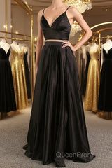 Simple V Neck Two Pieces Black Evening Prom Dresses, 2 Pieces Black Long Formal Dresses, Black Evening Dresses