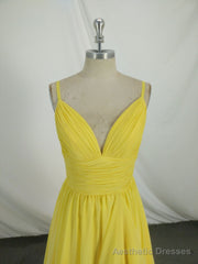 Simple V Neck Yellow Chiffon Long Prom Dress, Yellow Evening Dress
