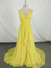 Simple V Neck Yellow Chiffon Long Prom Dress, Yellow Evening Dress