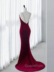 Simple Velvet Mermaid Burgundy Long Evening Prom Dresses, Burgundy Long Evening Dresses