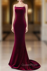 Simple Velvet Mermaid Burgundy Long Evening Prom Dresses, Burgundy Long Evening Dresses