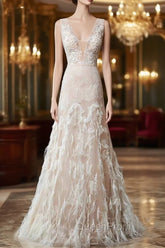 Simple Wedding Dresses Lace A Line V Neck Sleeveless Beaded Floor Length Feather Bridal Gowns
