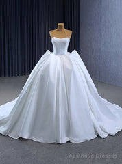 Simple White Satin Strapless Lace Wedding Dress
