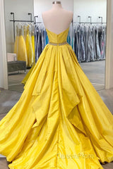 Simple yellow satin long Evening Prom Dresses yellow evening Dresses