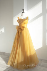 Simple Yellow Tulle Long Evening Prom Dresses, Yellow Tulle Formal Dresses