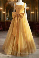 Simple Yellow Tulle Long Evening Prom Dresses, Yellow Tulle Formal Dresses