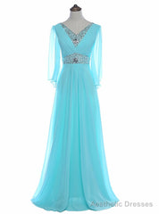 Sky Blue Beaded Long Sleeve Chiffon Mother of the Bride Dresses
