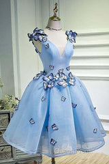 Sky Blue Homecoming Dresses Butterfly Applique Short Evening Prom Dresses