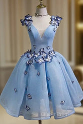 Sky Blue Homecoming Dresses Butterfly Applique Short Evening Prom Dresses