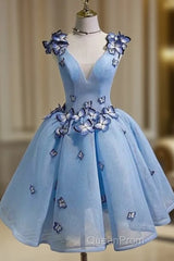 Sky Blue Homecoming Dresses Butterfly Applique Short Evening Prom Dresses