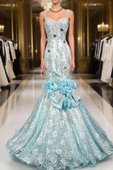 Sky Blue Mermaid Spaghetti Straps Organza Diamond Long Evening Prom Dresses Lace Floral Evening Gown