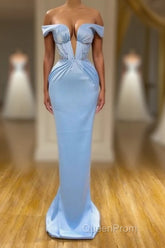 Sky Blue Mermaid V-Neck Off-The-Shoulder Evening Prom Dresses