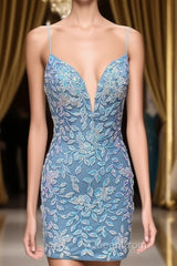 Cute Bodycon V Neck Blue Lace Homecoming Dresses