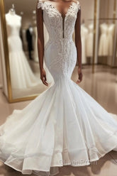 Sleeveless Beads Appliques Mermaid Wedding Dresses Sheer Tulle V neck Tulle Bridal Gowns