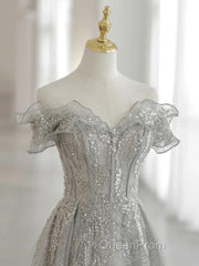 Sliver-Grey Tulle With Sequins Long Party Dresses,A-Line Floor Length Evening Prom Dresses