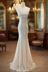 Sliver Sequins Mermaid Straps Long Evening Gown Evening Prom Dresses, Long Party Dresses Formal Dresses