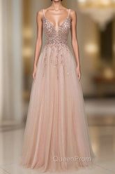 Spagehetti-Strap V-Neck Sleeveless Evening Prom Dresses with Beading