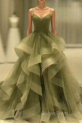 Spaghetti Strap Green A Line Long Evening Prom Dresses Formal Evening Gown Party Dresses
