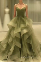 Spaghetti Strap Green A Line Long Evening Prom Dresses Formal Evening Gown Party Dresses