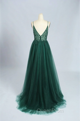 Spaghetti Strap Green A Line Long Evening Prom Dresses V Neck Evening Gown Party Dresses