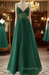 Spaghetti Strap Green A Line Long Evening Prom Dresses V Neck Evening Gown Party Dresses