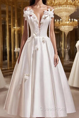 Spaghetti Strap Satin White Floral Short Evening Prom Dresses