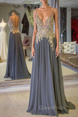 Gray Spaghetti Straps A-line Beaded Long Evening Prom Dresses