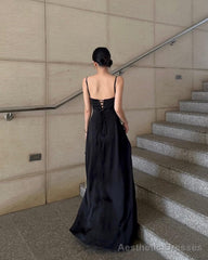 Spaghetti Straps Black A Line Long Prom Dresses Back Open