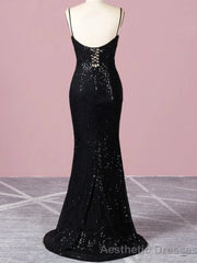 Spaghetti Straps Black Sequin Prom Dress Mermaid Skirt