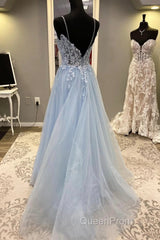 Spaghetti Straps Blue Lace Evening Prom Dresses, Blue Lace Long Formal Evening Dresses