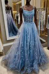 Spaghetti Straps Blue Lace Evening Prom Dresses, Blue Lace Long Formal Graduation Dresses