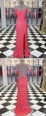 Spaghetti Straps Coral Pink Sequin Mermaid Evening Prom Dresses With Slit