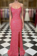 Spaghetti Straps Coral Pink Sequin Mermaid Evening Prom Dresses With Slit