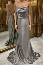 Spaghetti Straps Grey Mermaid Satin Long Evening Prom Dresses