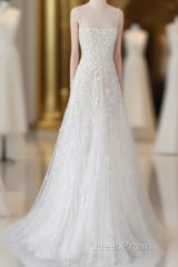 Spaghetti Straps Lace Tulle Floor Length Beads Evening Prom Dresses Wedding Dresses With Flowers