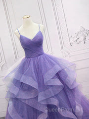 Spaghetti Straps Light Purple Long Evening Prom Dresses A Line Layered Birthday Party Dresses