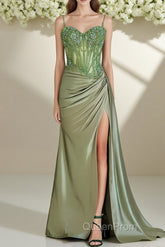 Spaghetti Straps Mermaid Evening Prom Dresses Appliqued Corset Evening Prom Dresses With Split