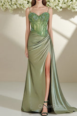 Spaghetti Straps Mermaid Evening Prom Dresses Appliqued Corset Evening Prom Dresses With Split