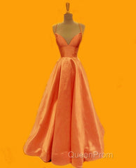 Spaghetti Straps Evening Prom Dresses Long Satin V Neck
