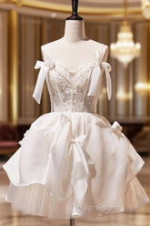 Spaghetti Straps Short Evening Prom Dresses with Lace, Homecoming Gown with Bowknot