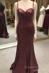 Spaghetti Straps Sweetheart Mermaid Sequins Evening Prom Dresses