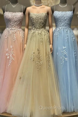 Spaghetti Straps Tulle Appliques Gold Evening Prom Formal Dresses