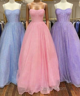 Spaghetti Straps Tulle Purple Bling Bling A Line Evening Prom Dresses