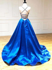 Spaghetti Straps V-Neck A-Line Royal Blue Evening Prom Dresses,