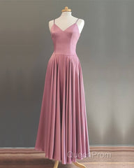 Spaghetti Straps V Neck Ankle Length Bridesmaid Dresses