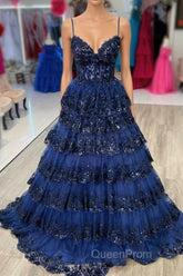 Spaghetti Straps White Layered A-Line Evening Prom Dresses with Sequin