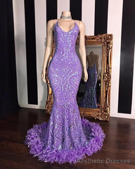 Spaghetti V-neck Sequins Floor Length Fur Train Mermaid Prom Dresses