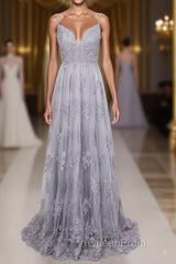 Spaghetti Straps Long Lace Evening Prom Gown, A Line V Neck Sleeveless Formal Dresses