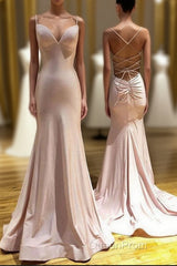 Pink Spaghetti Straps Mermaid Long Evening Prom Dresses, Simple Formal Gown